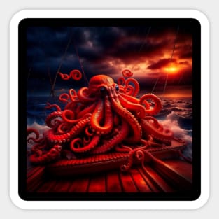 Octopus on a boat on a scary night Sticker